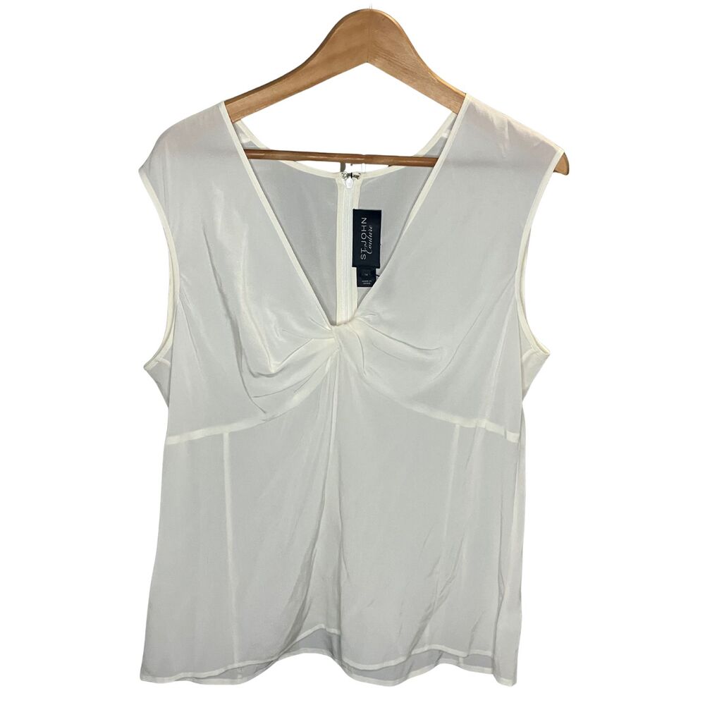 St. John Couture Ivory Silk Draped Twist Front Sleeveless Top Size 14 - Picture 3 of 10